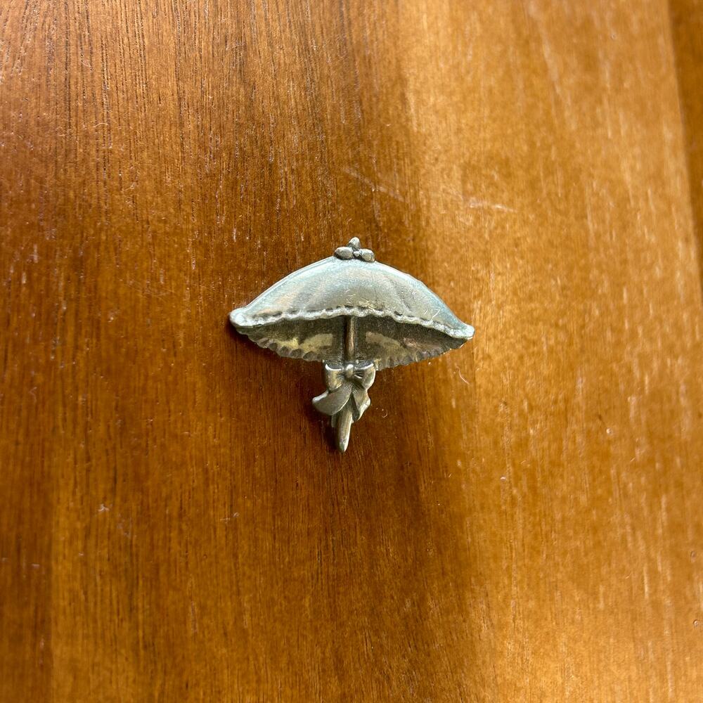 Vintage LCO Signed Pewter Umbrella Pin | Silver Tone Parasol Brooch with Bow